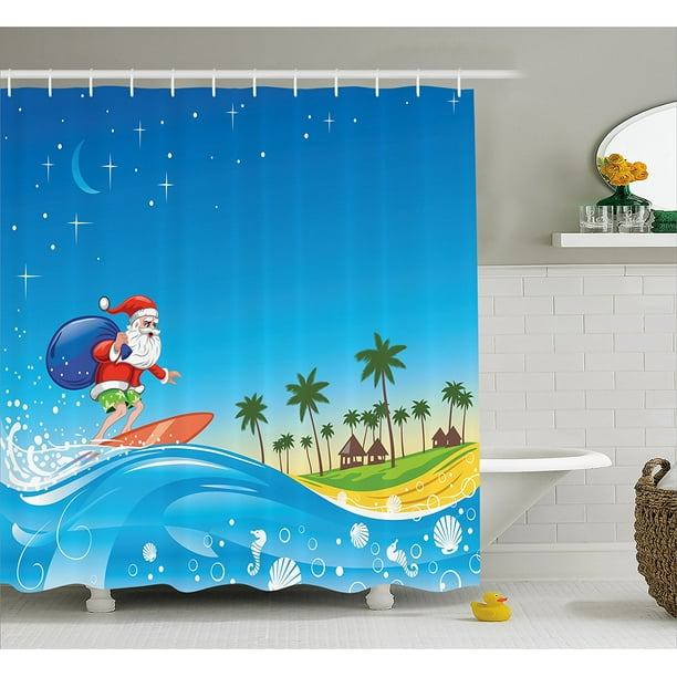 Christmas Shower Curtain Surfing Santa Beach Print for Bathroom Christmas Shower Curtain Surfing Santa Beach Print for Bathroom